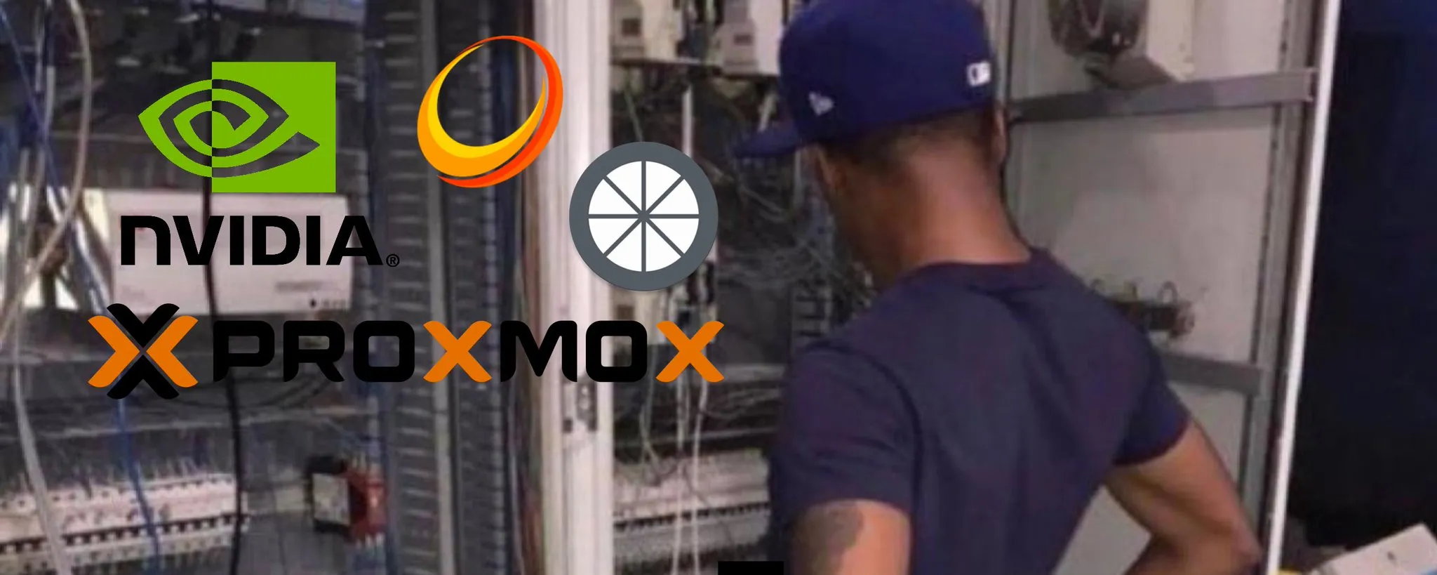 NVIDIA and Proxmox logos over a photo of a man working at a server rack